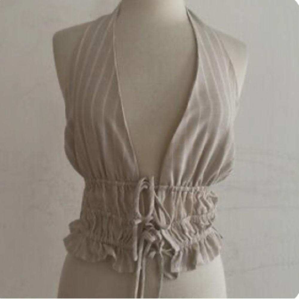 One clothing Beige striped Halter Ruched Waist Crop Top with ope tie details